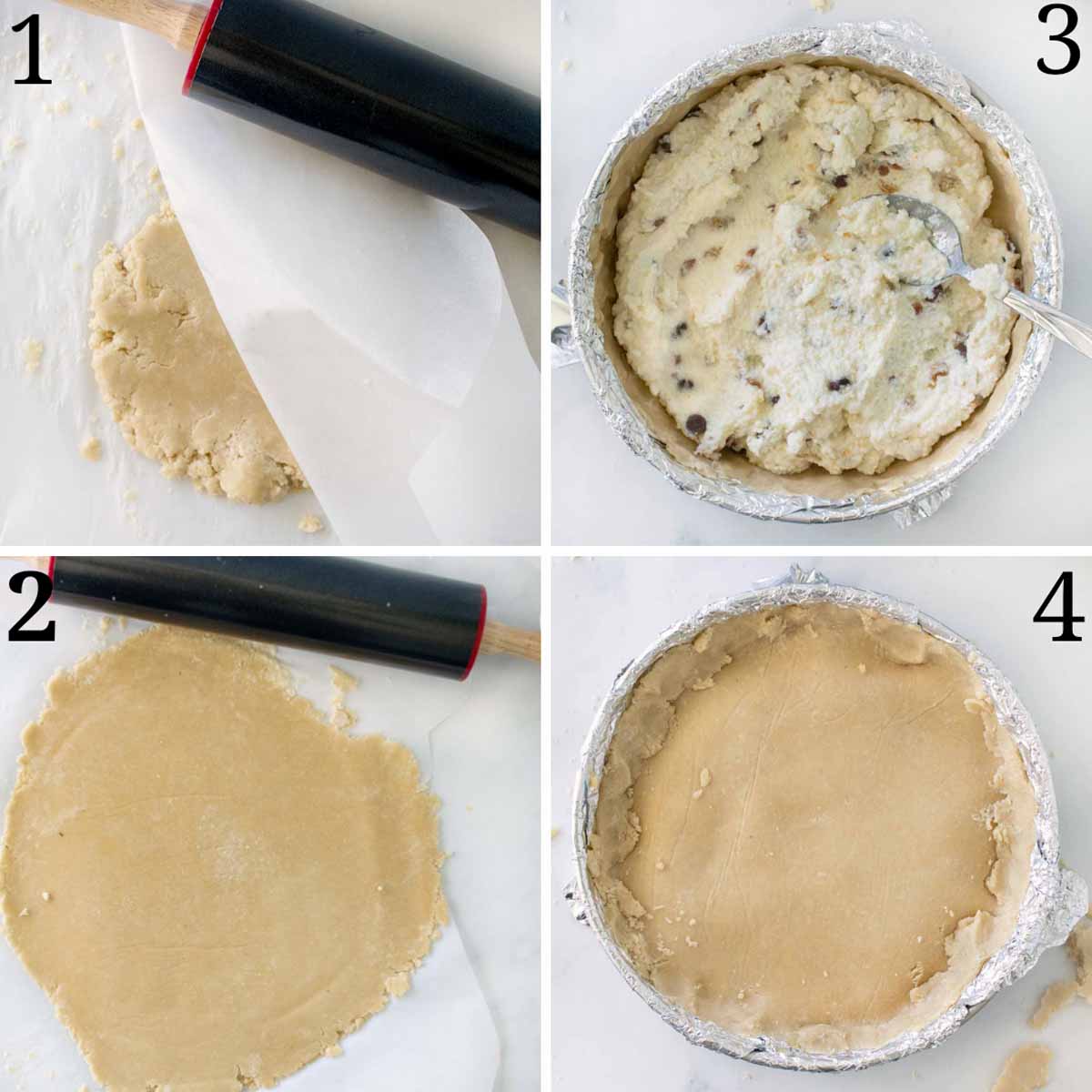 four images showing how to finish making the torta