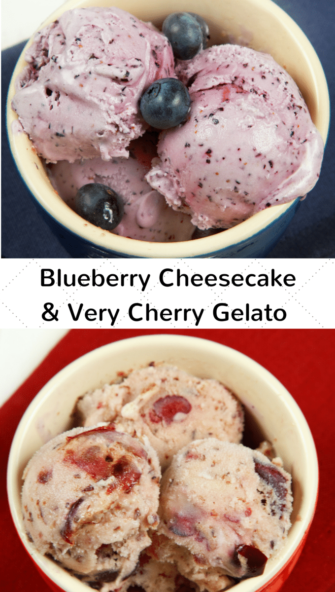 overhead shot of Blueberry Cheesecake gelato on a blue napkin and Very Cherry Gelato on a red napkin