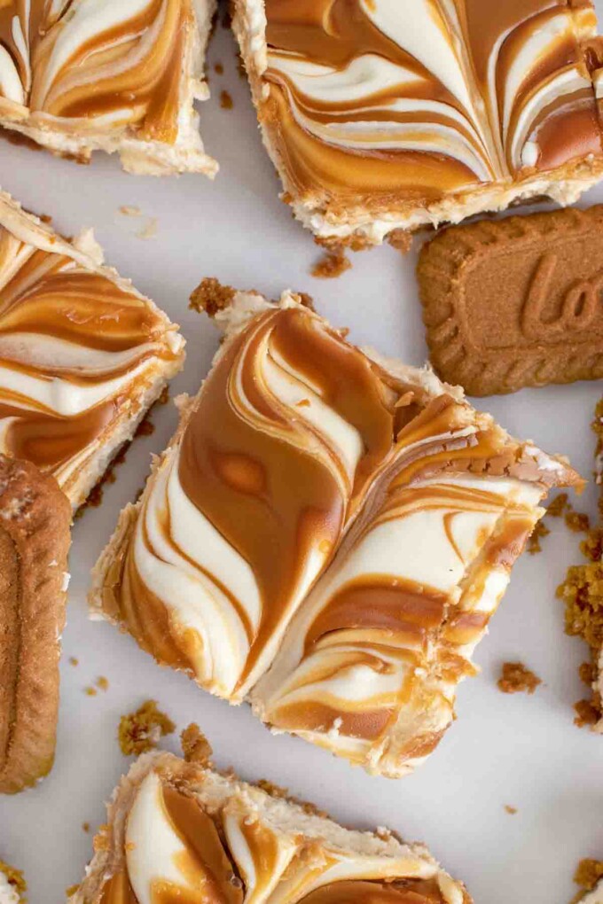 overhead view of slices of biscoff swirl cheesecake