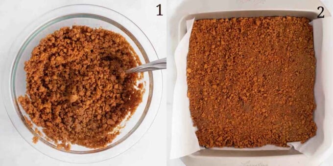 two images showing biscoff cookie crust in bowl and in pan