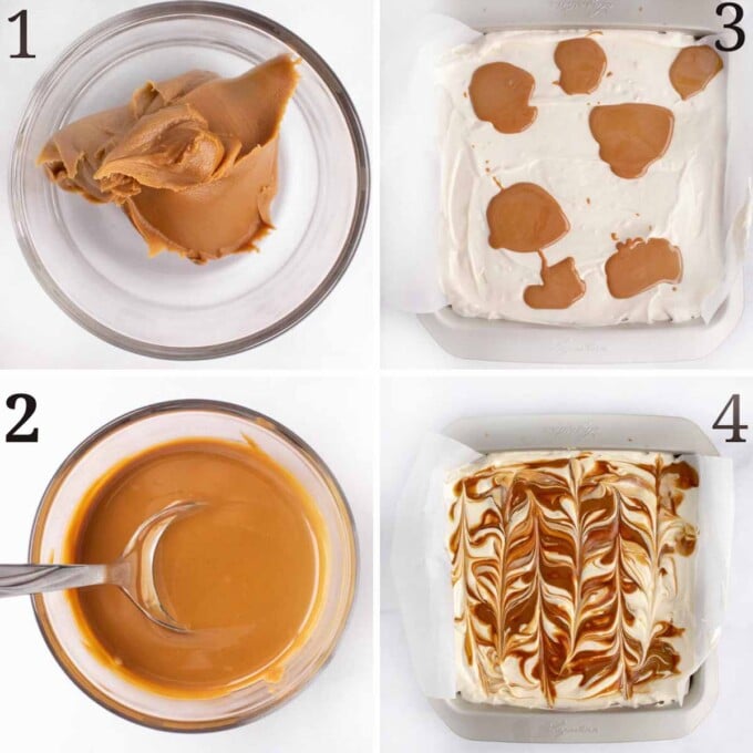 four images showing how to add the biscoff topping to the cheesecake