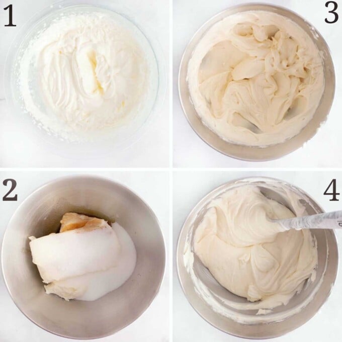 four images showing how to make the cheesecake filling