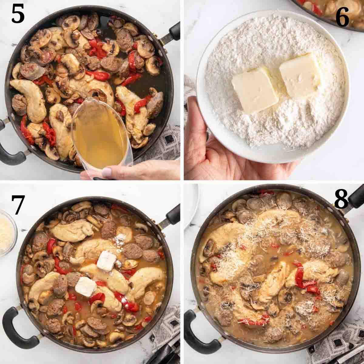 four images showing how to finish making Tuscan chicken