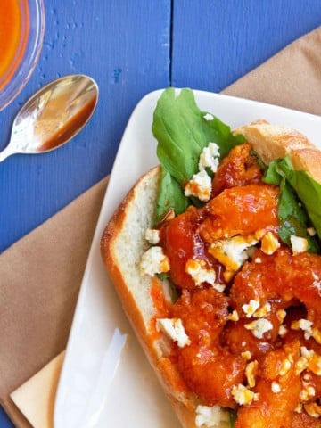 overhead view of a buffalo shrimp po boy