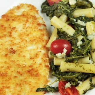 cooked breaded flounder with pasta and broccoli rabe