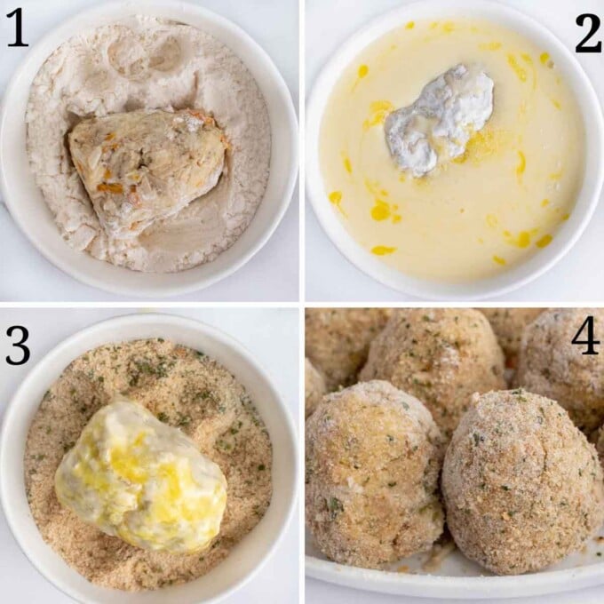 four images showing the breading process for croquettes