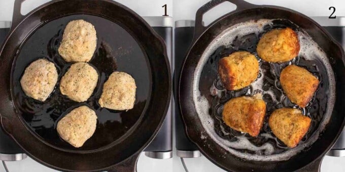 two images showing how to saute croquettes