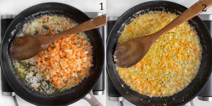 two images showing how to saute vegetables