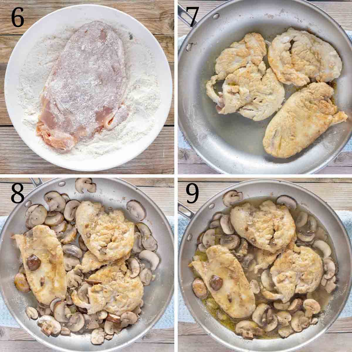 tavuk ve mantarların nasıl pişirileceğini gösteren dört resim