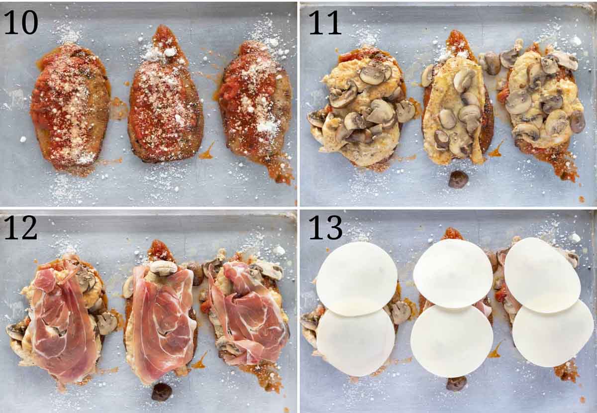 tavuk sorrentosunun nasıl birleştirileceğini gösteren dört resim.
