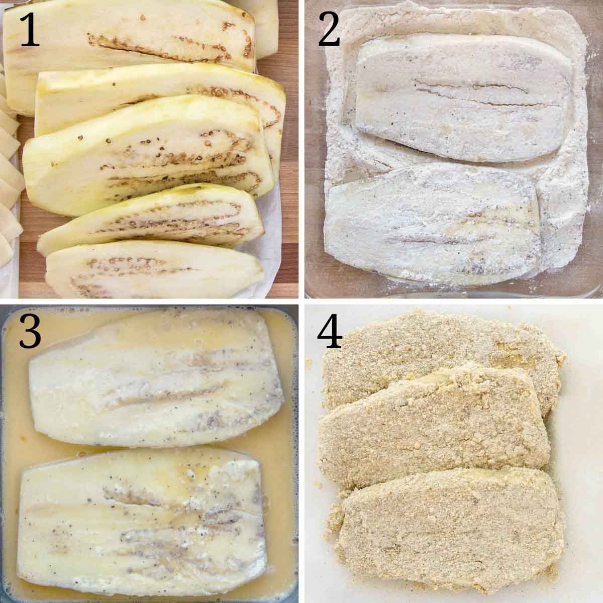 four images showing how to make breaded eggplant cutlets