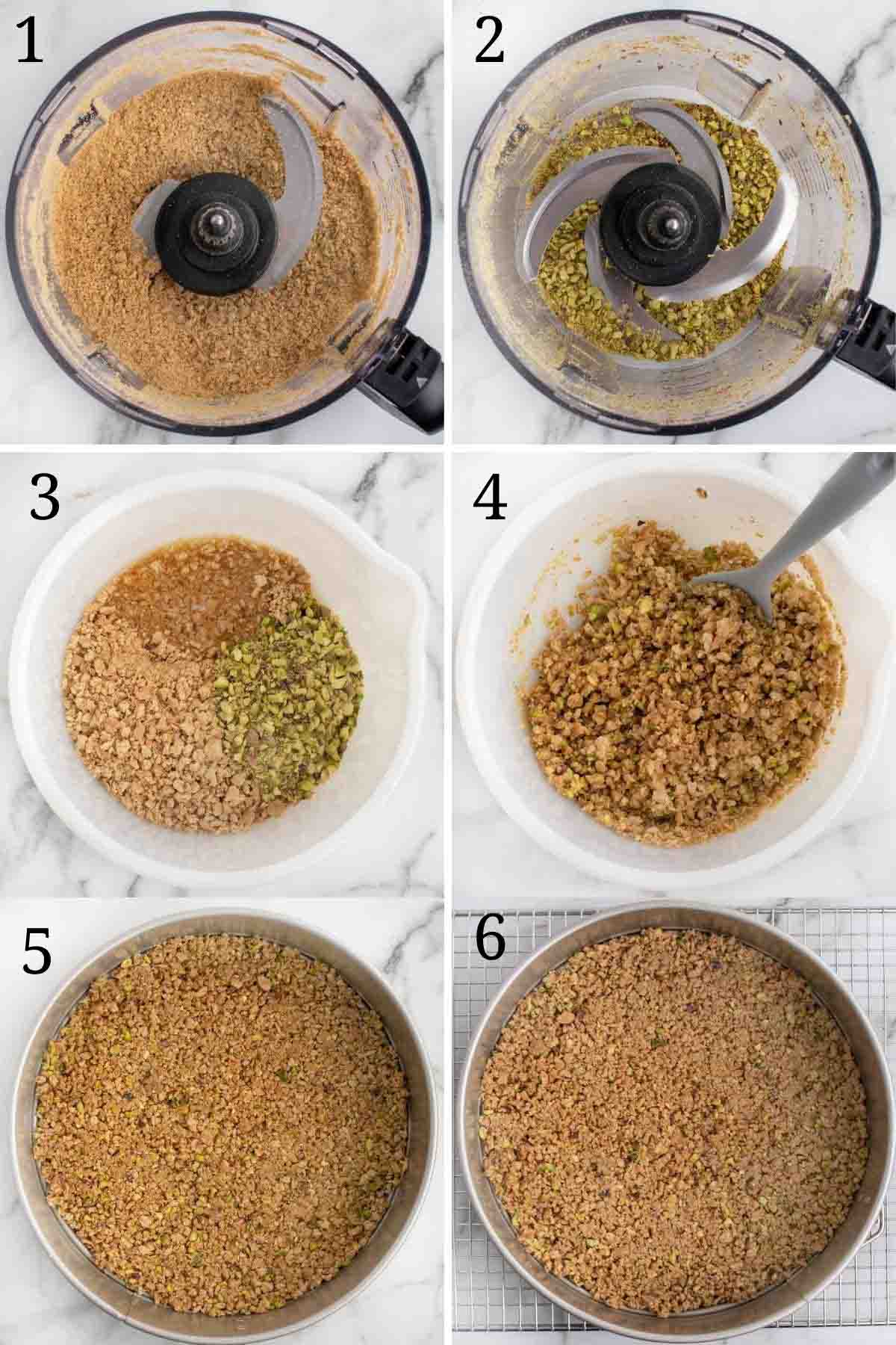 six images showing how to make the cheesecake crust