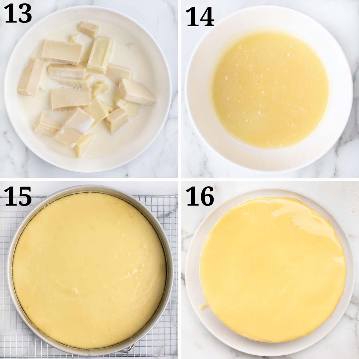 four images showing how to make and add the white chocolate ganache