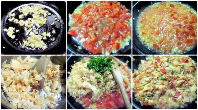 A collage of 6 steps involved in making the recipe. 