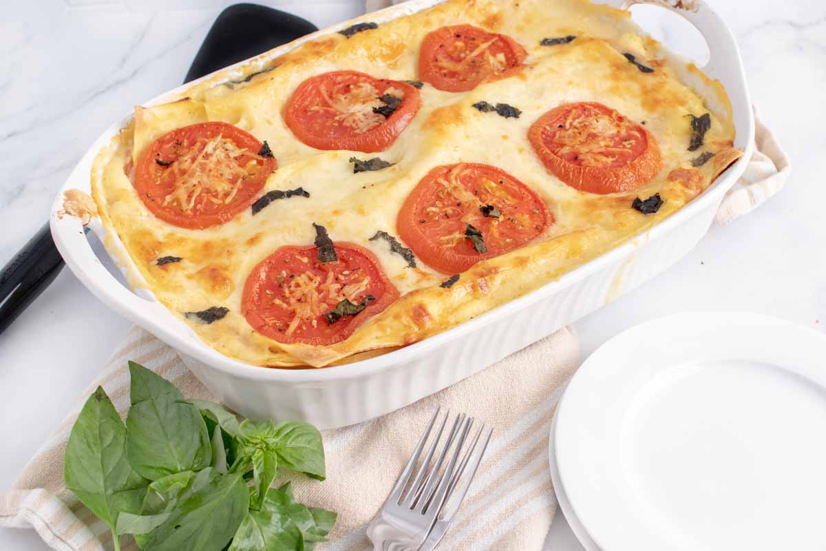 pan of baked vegetable lasagna 