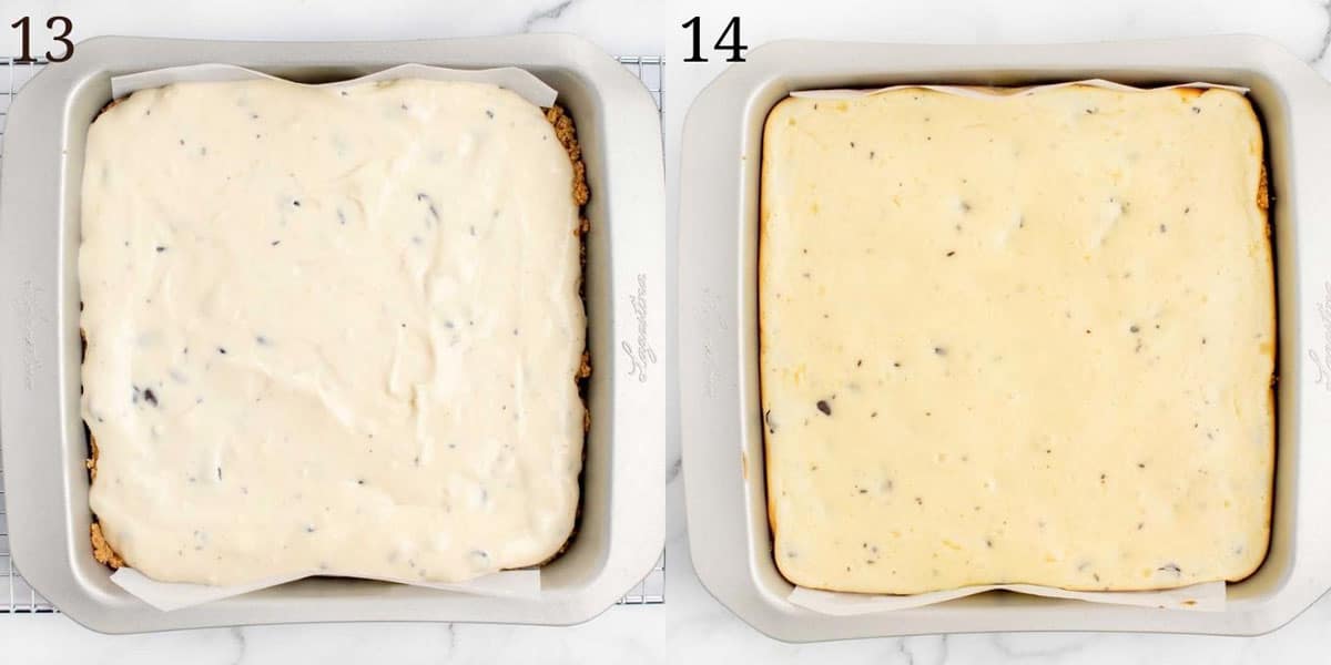 two images showing the cheesecake batter in the pan uncooked and cooked