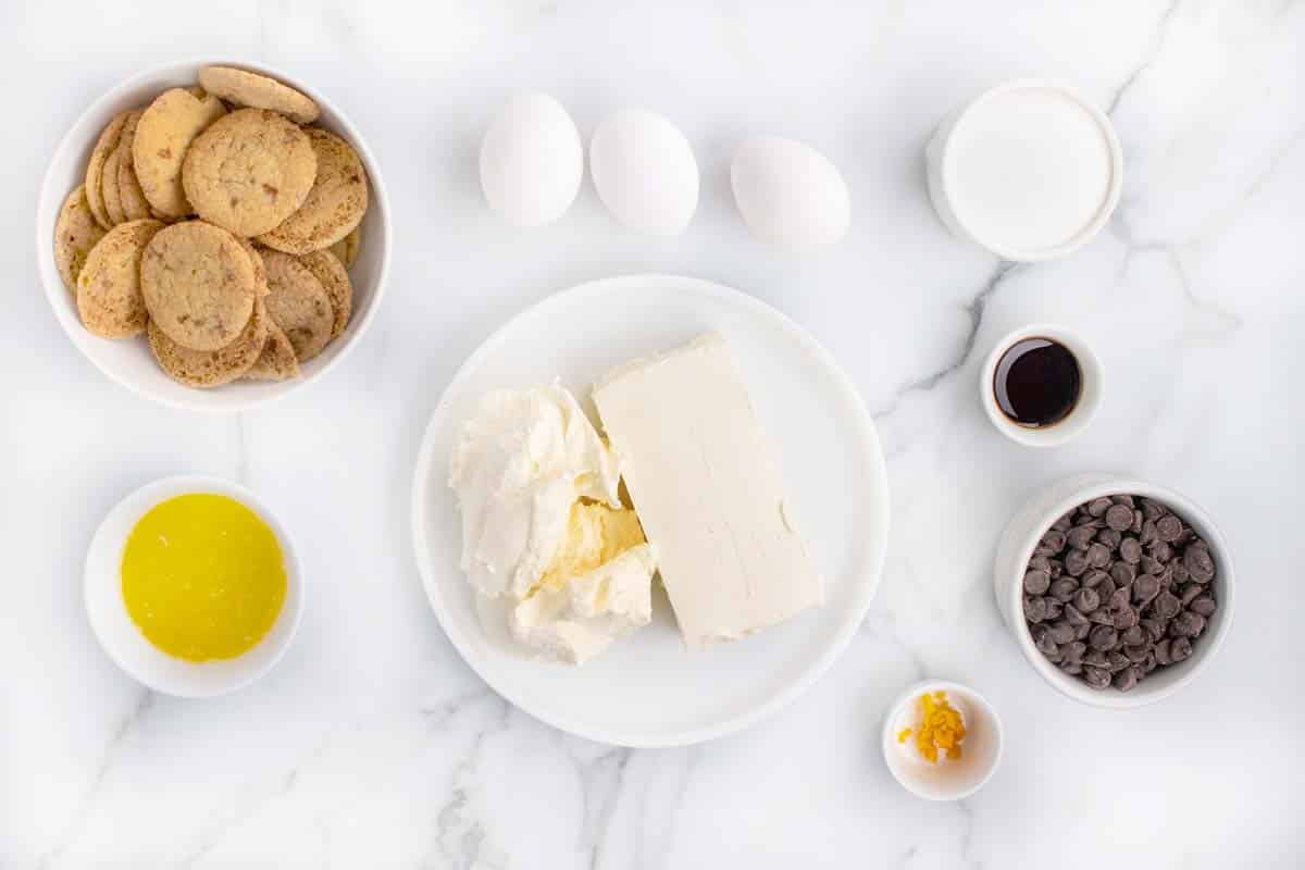 ingredients to make chocolate chip cheesecake bars