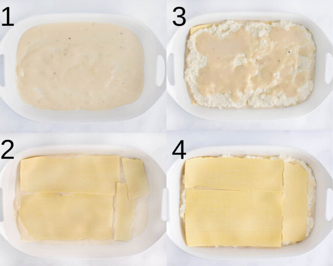 four images showing assembly of lasagna