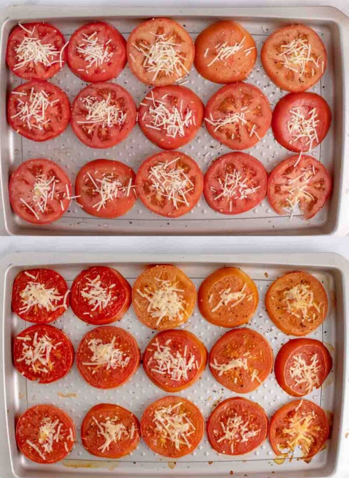 two images showing tomatoes set up and roasted