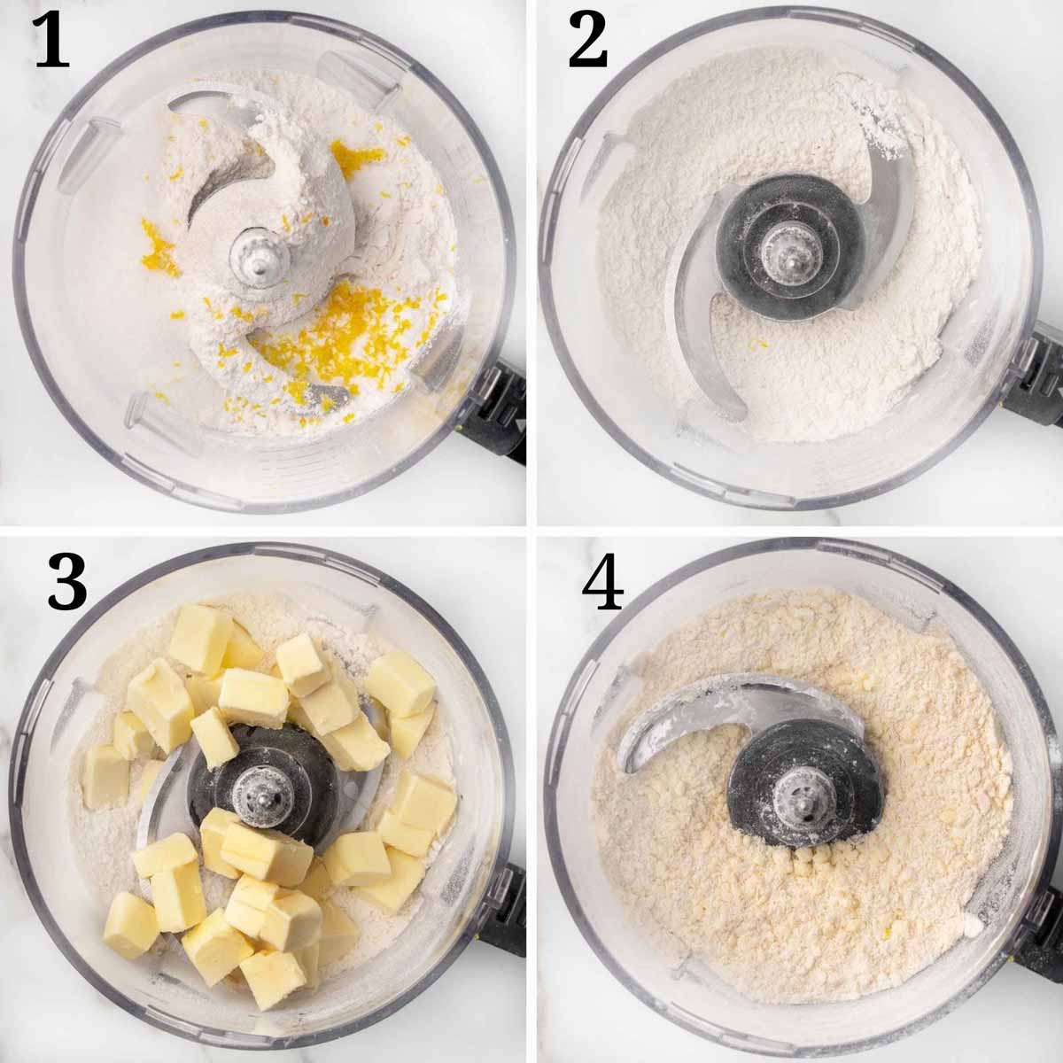 four images showing how to make the dough for the shortcake