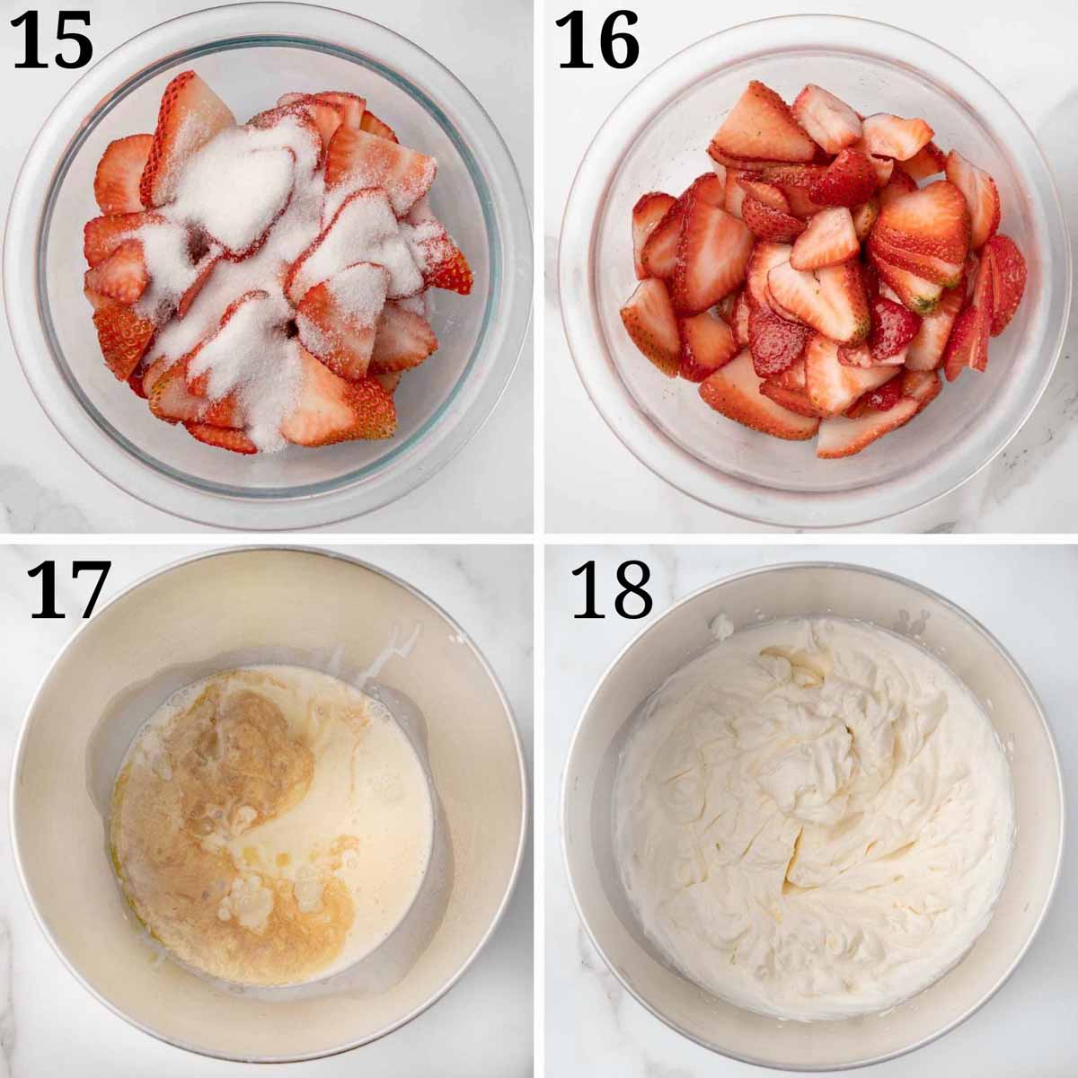 four images showing how to prep the strawberries and make the whipped cream