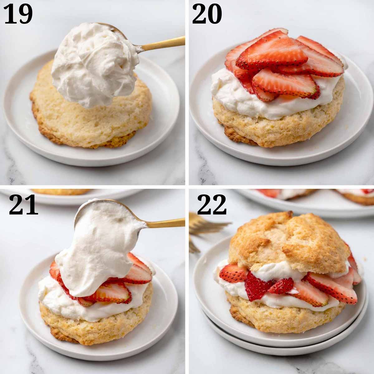 four images showing how to assemble the individual strawberry shortcakes