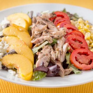 JSummer Salad with Chicken , feta, peaches, tomatoes and roasted corn
