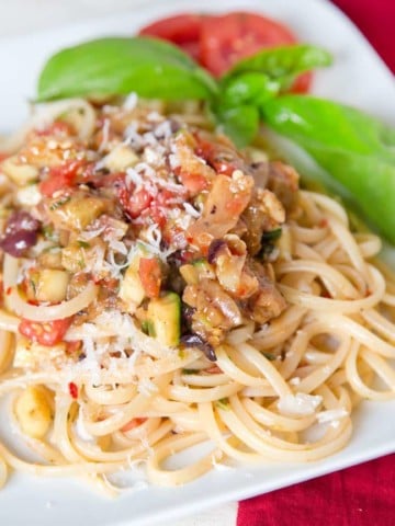 pasta topped with caponata