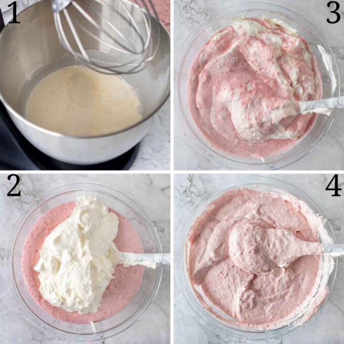 4 images showing how to make the strawberry cream