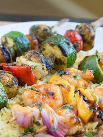 Moroccan Vegetable Skewers, Sweet and Spicy Shrimp Skewers