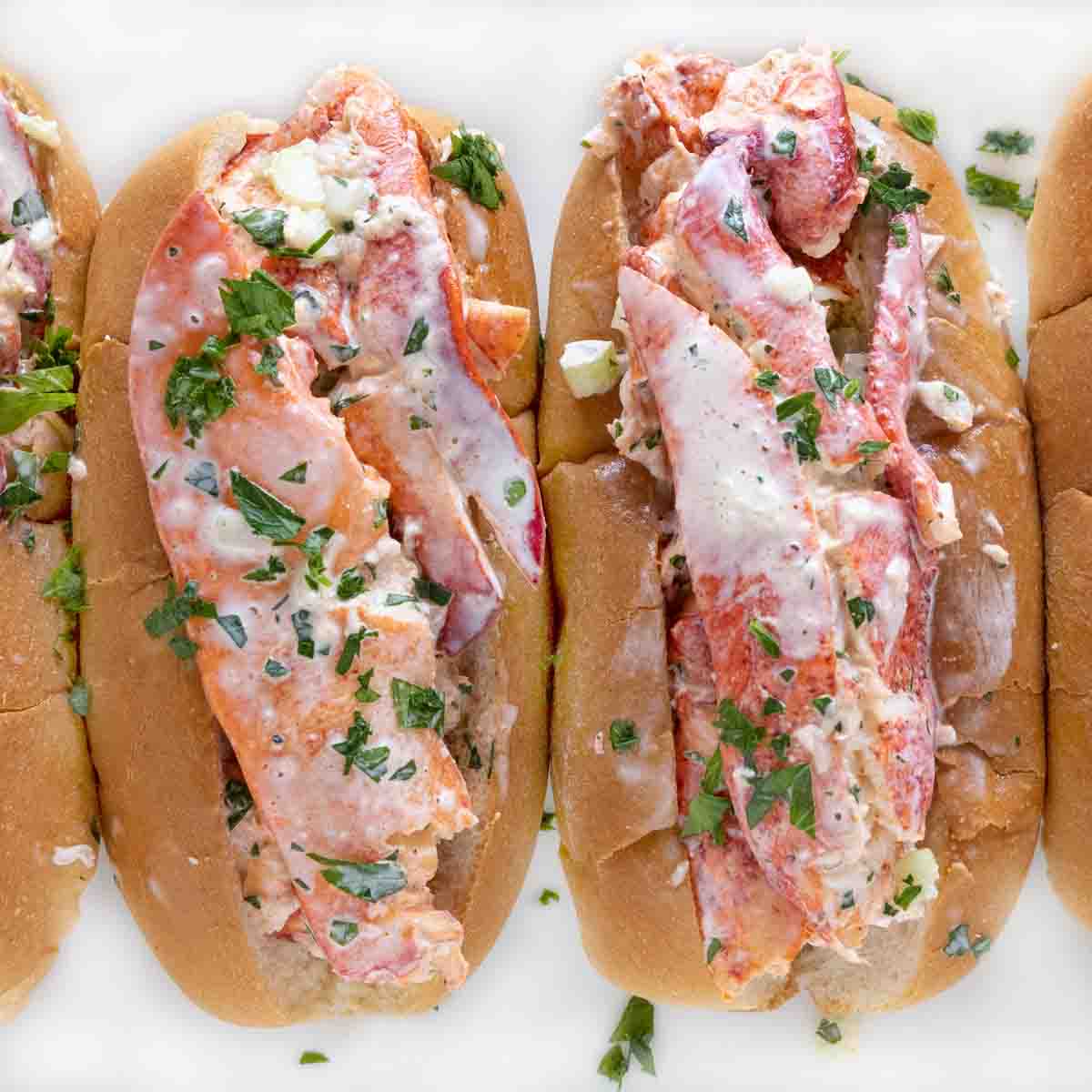 2 lobster rolls on a white platter.