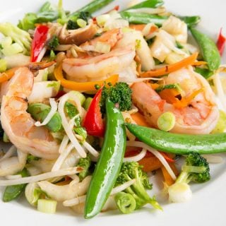 shrimp stirfry in a white bowl