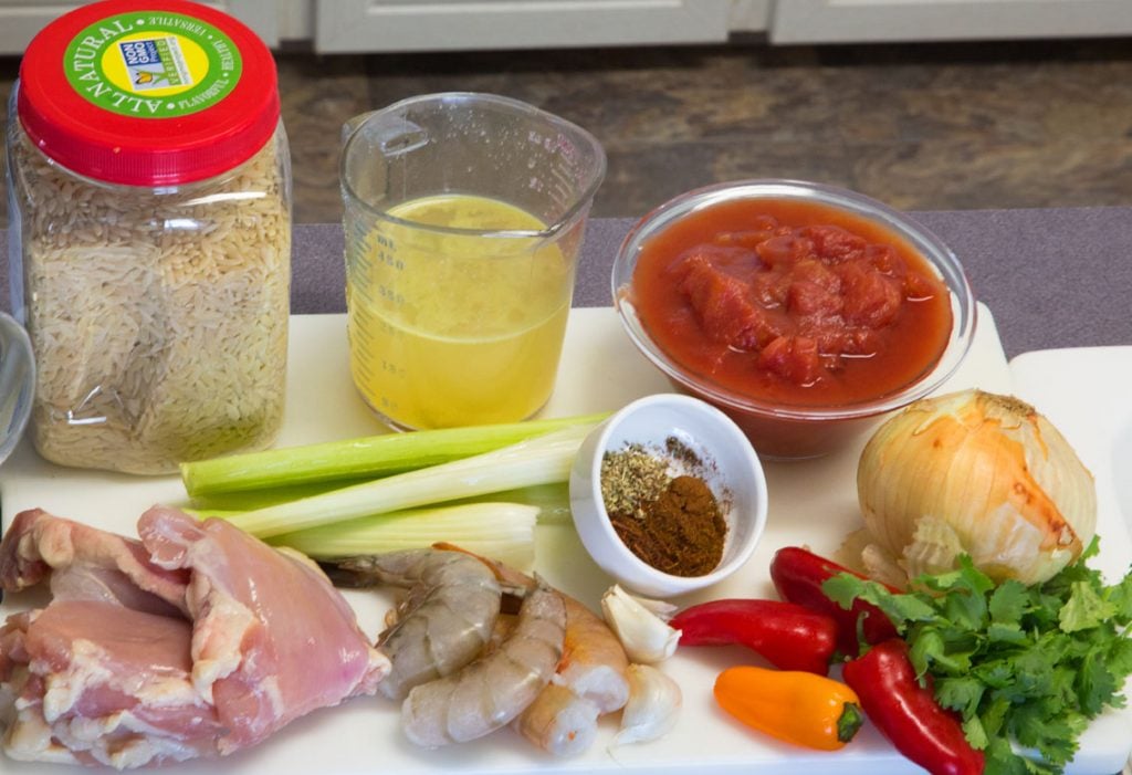 ingredients to make Chicken and Shrimp Orzo Paella