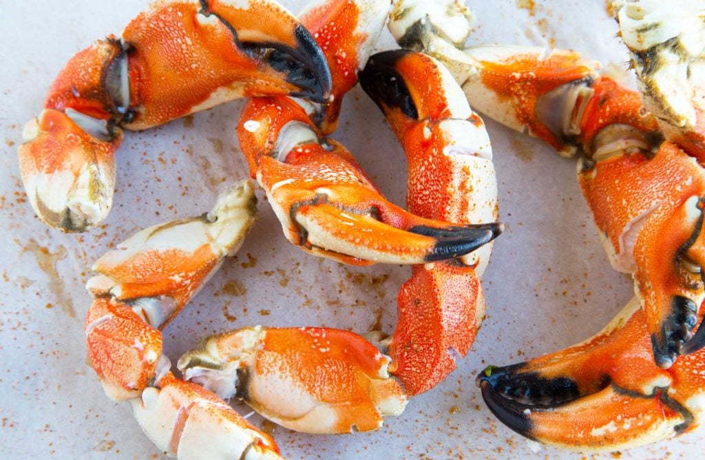 overhead view of cooked Jonah crab claws on a plate