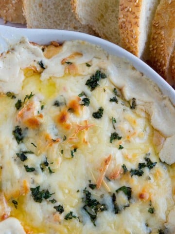 partial overhead view of baked shrimp scampi dip