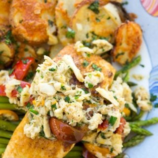 pan seared halibut with a garlic crabmeat topping