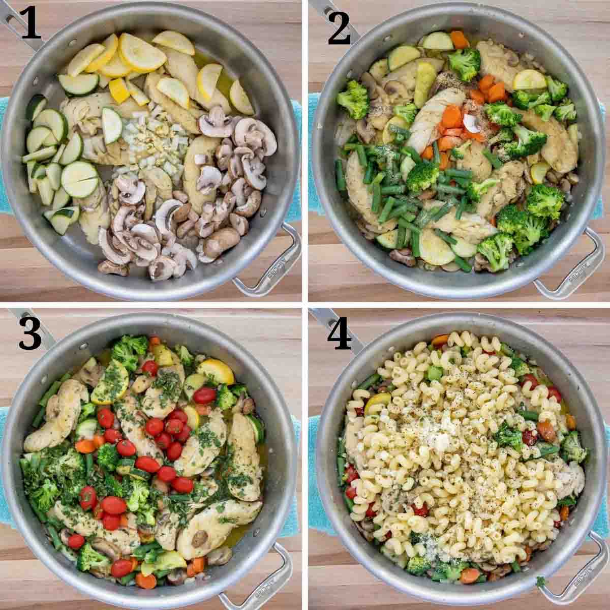 four images showing how to make chicken primavera