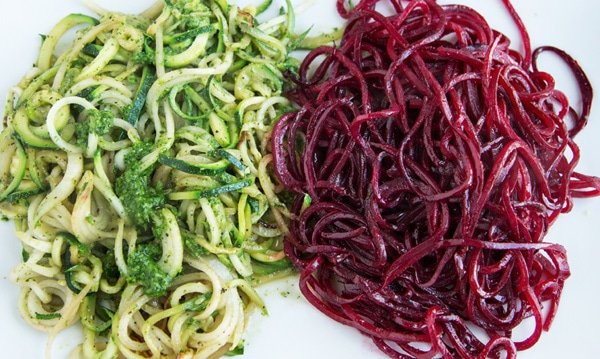 overhead view of sauteed Zucchini Noodles and Beet Noodles