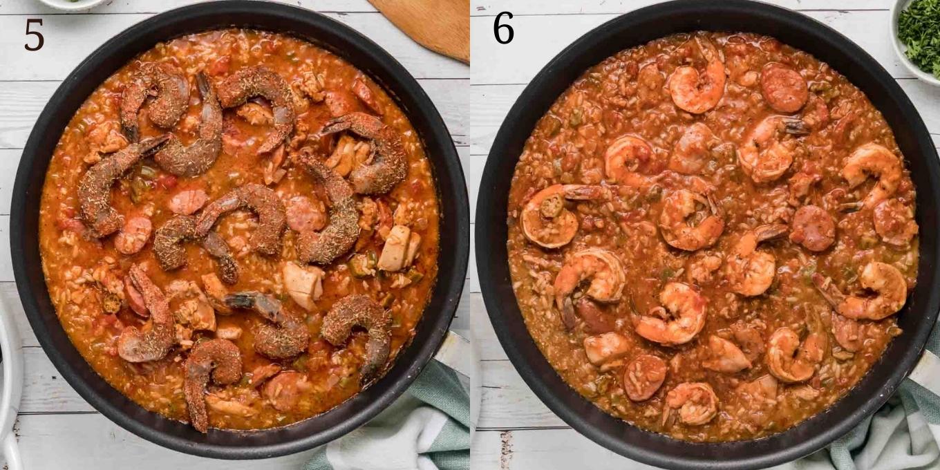two images showing the final steps making the jambalaya
