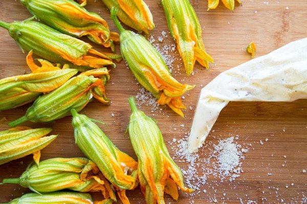 zucchini blossoms and a pastry bag on a wooden cutting board sprinkled with grated romano cheese