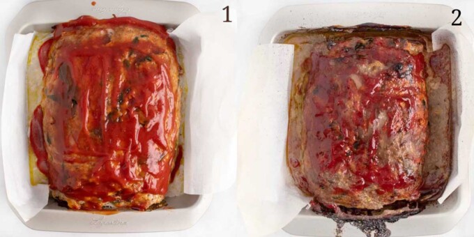 two images showing partially baked and fully baked meatloaf with topping