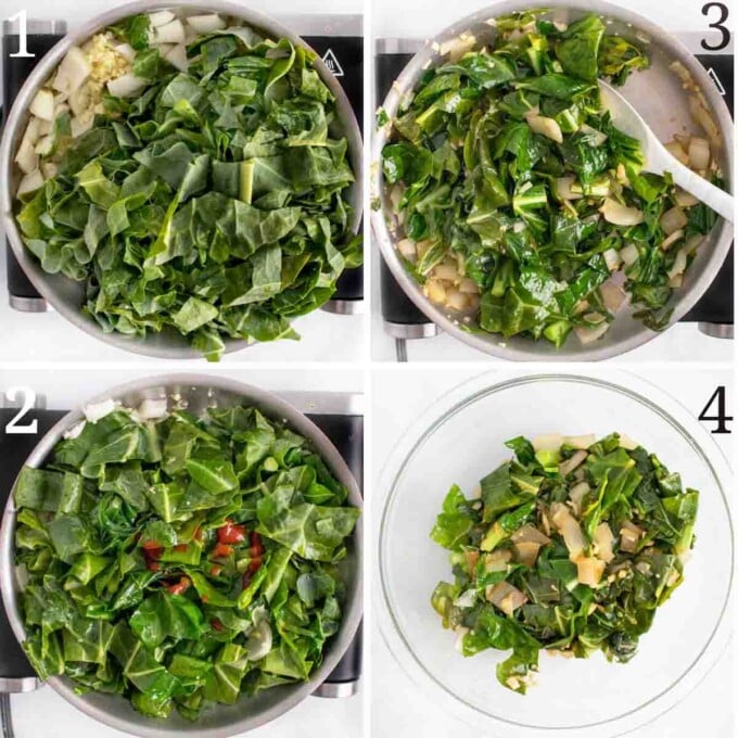 four images showing how to prep onions and collard greens for meatloaf