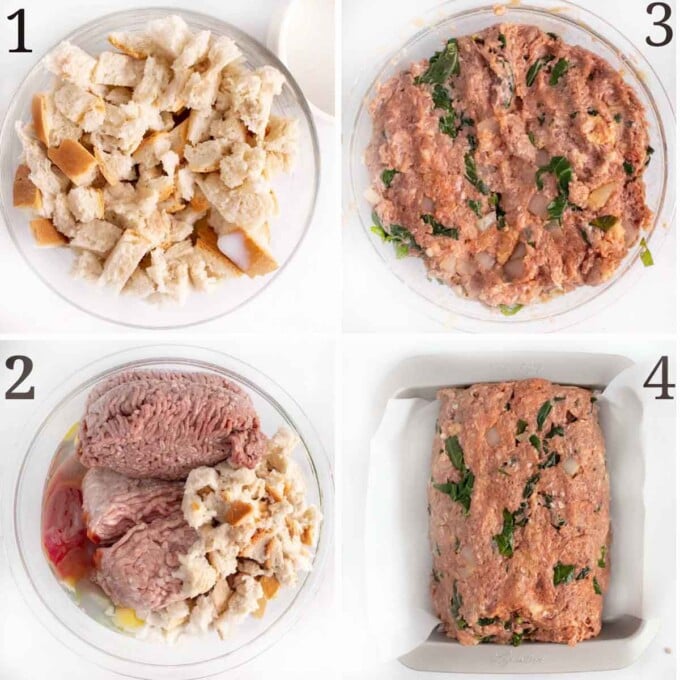 four images showing how to mix ingredients for meatloaf