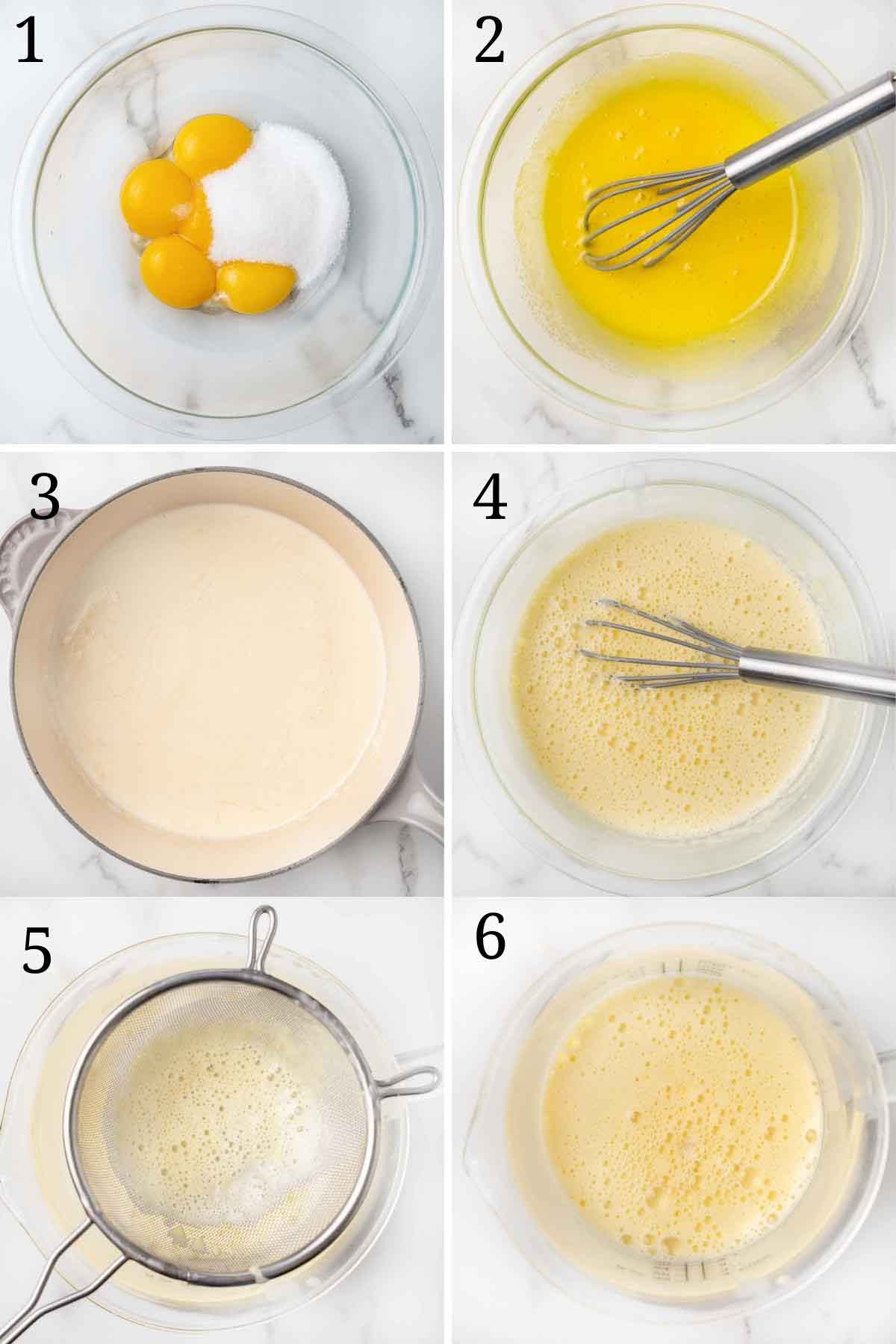 six images showing how to make the custard for creme brulee