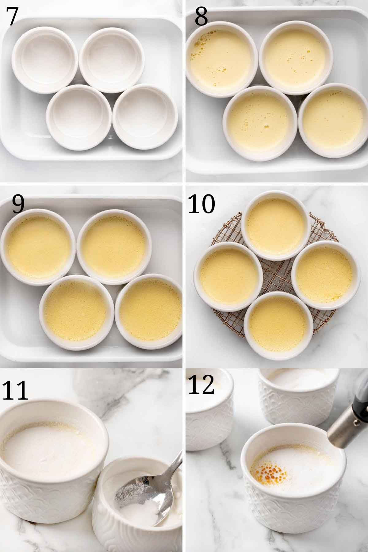 six images showing how to set up the cups and bake and finish the creme brulee