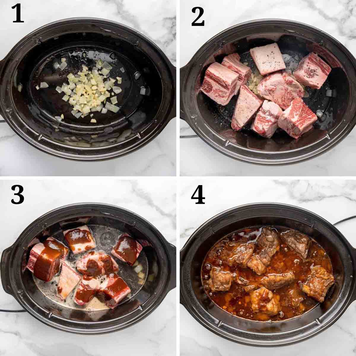 four images showing how to cook guinness beef ribs in a slow cooker