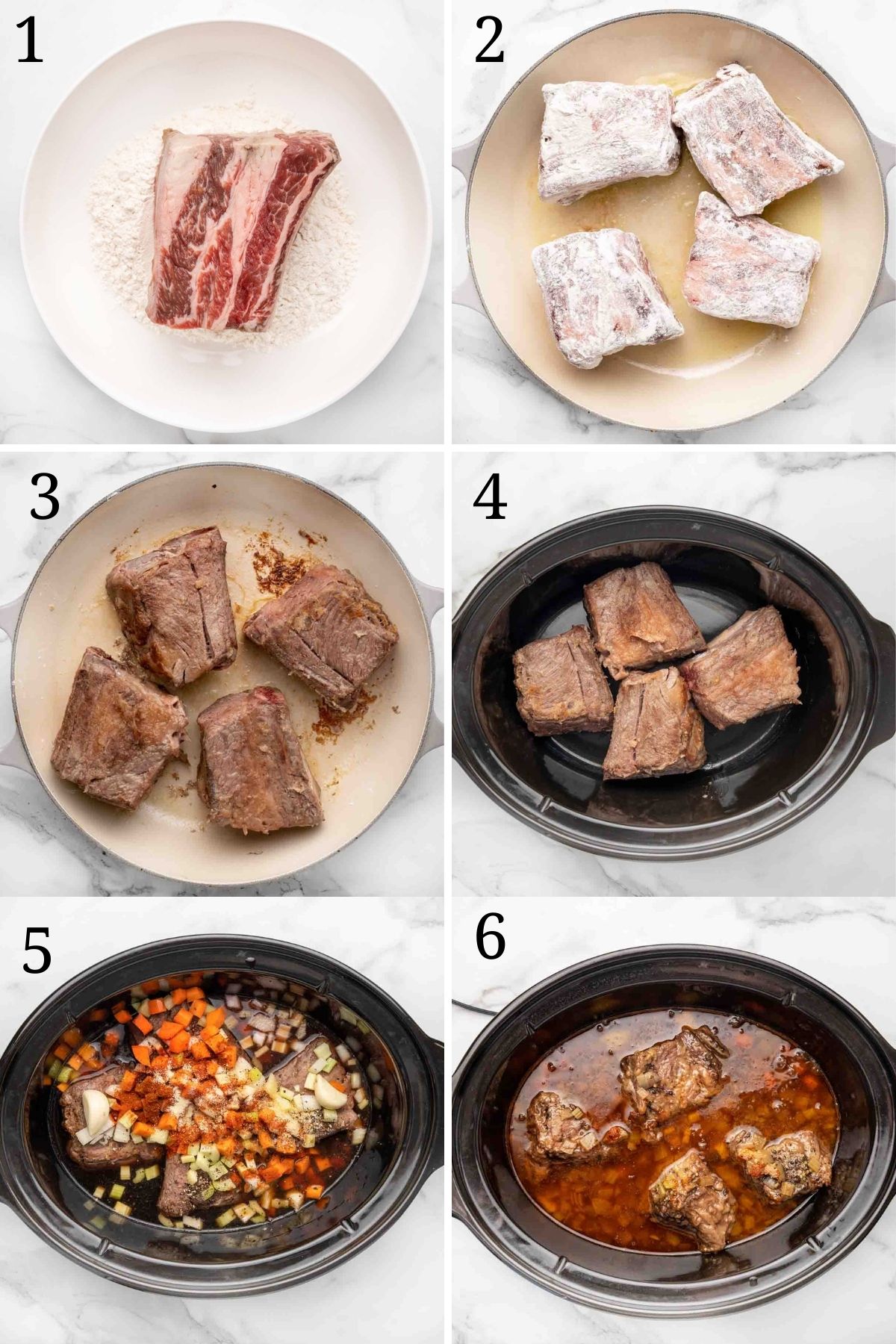 6 images showing how to make braised short ribs of beef