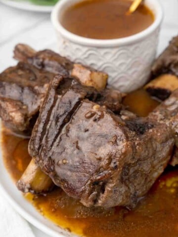 braised short ribs of beef on a white platter with sauce