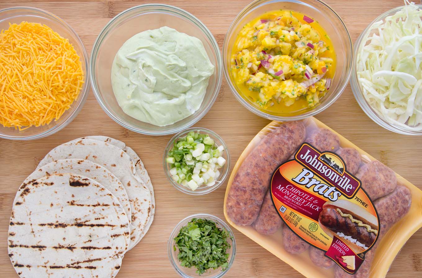 overhead view of ingredients to make brat tacos