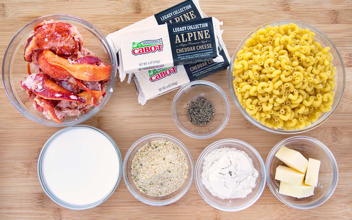 White cheddar Lobster mac and cheese mise en place